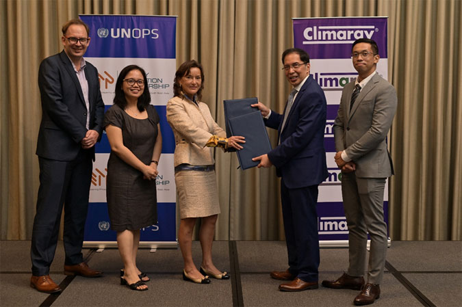 GRANT SUPPORT FOR ENERGY EFFICIENCY – The Southeast Asia Energy Transition Partnership (ETP), through the United Nations Office for Project Services, and Climargy exchange copies of a Grant Support Agreement, aimed to prepare energy efficiency investments with investment-grade energy audits. From left: John Robert Cotton, ETP Senior Programme Manager, Maria Fritzie Reyes Vergel, ETP Philippines Country Coordinator, Sirpa Jarvenpaa, ETP Fund Director, Alexander Ablaza, Climargy CEO and Mikhael Fiorello Llado