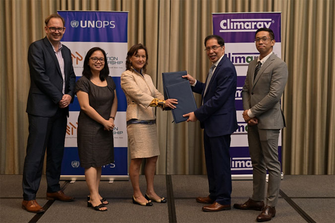 GRANT SUPPORT FOR ENERGY EFFICIENCY – The Southeast Asia Energy Transition Partnership (ETP), through the United Nations Office for Project Services, and Climargy exchange copies of a Grant Support Agreement, aimed to prepare energy efficiency investments with investment-grade energy audits. From left: John Robert Cotton, ETP Senior Programme Manager, Maria Fritzie Reyes Vergel, ETP Philippines Country Coordinator, Sirpa Jarvenpaa, ETP Fund Director, Alexander Ablaza, Climargy CEO and Mikhael Fiorello Llado