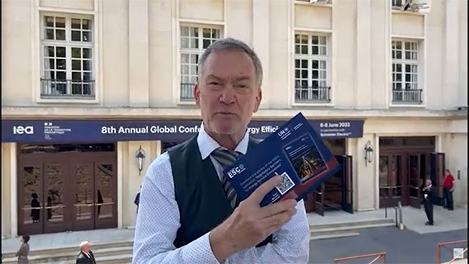 Dr. Søren Lutken, Chairman of the Global ESCO Network, announces the launch of the 2nd edition of the publication Regulatory Barriers for Energy Service Companies 2023 during the 8th Annual Global Conference on Energy Efficiency in Paris, France in June 2023. (Video Grab: Global ESCO Network)