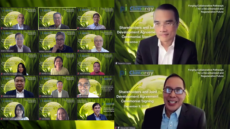 Pi Energy Chairman Federico R. Lopez (top, right) and Climargy President Alexander Ablaza (bottom, right) lead the ceremonial signing event with several officials and senior representatives of both firms on 9 December 2021. (Screenshot Images: Pi Energy)